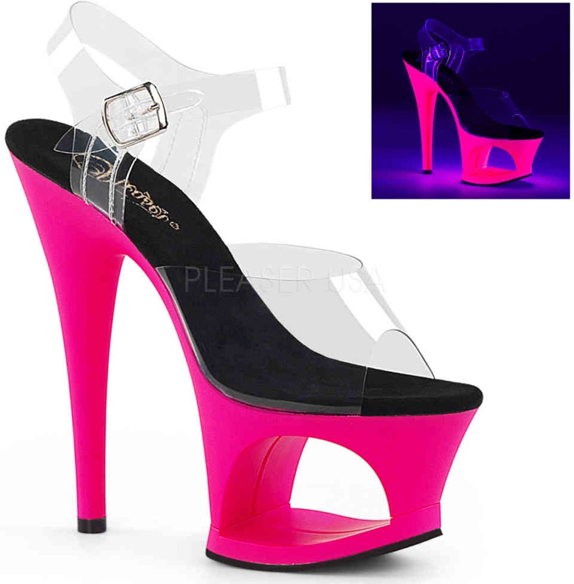 EU 36 = US 6 | MOON-708UV | 7 Heel, 2 3/4 Cut-Out PF UV Reactive Ankle Strap Sandal